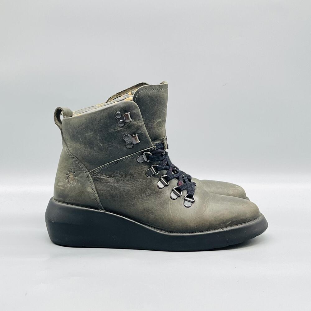 FLY London Boots Womens 7 Green Leather Platform Wedge Ankle Lace Up Shoes